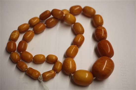 A single strand graduated oval amber bead necklace, 62cm.